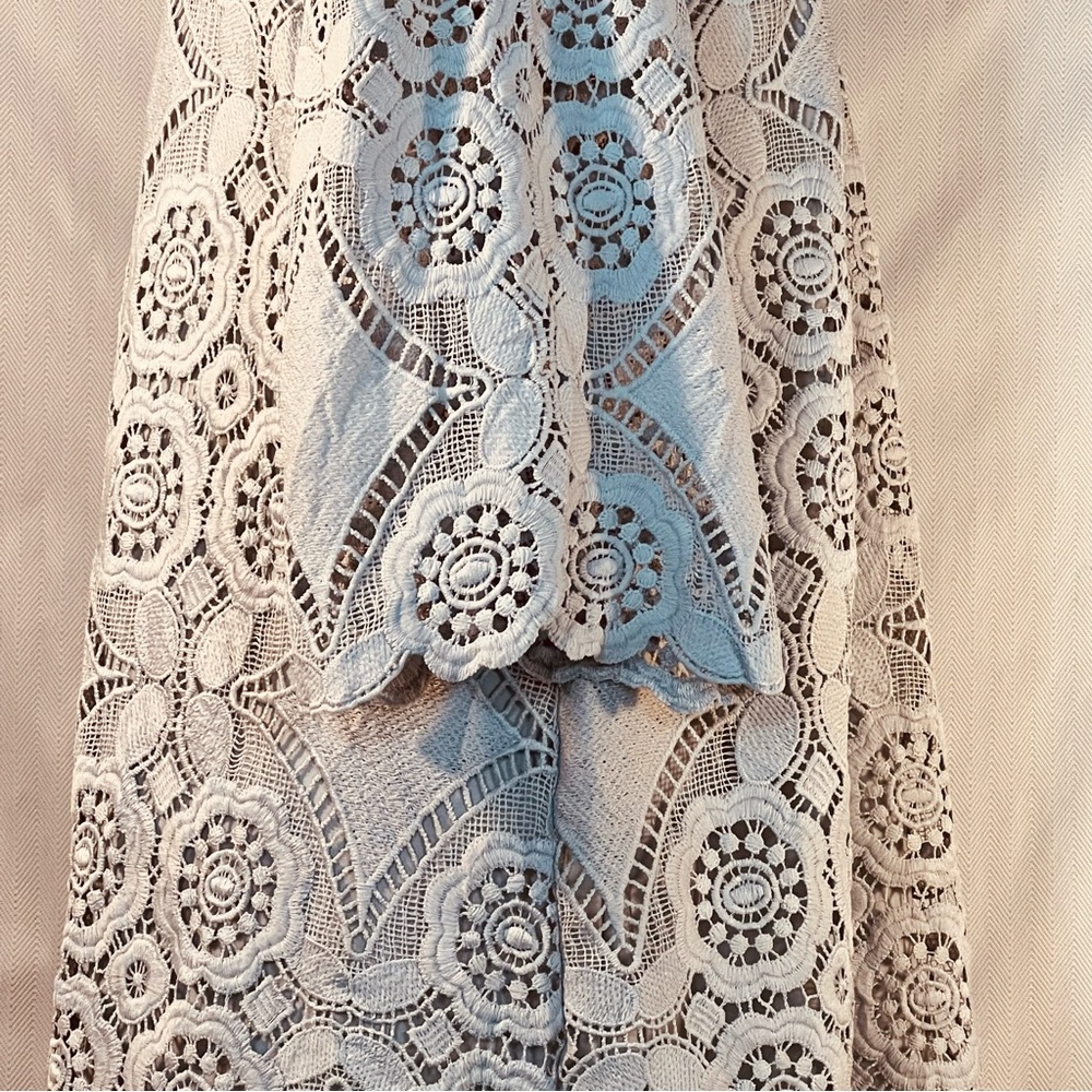 Pretty Angel Dress Light Blue Embroidered Lace Overlay A Line 3/4 Bell Sleeve M👍 - Picture 7 of 11